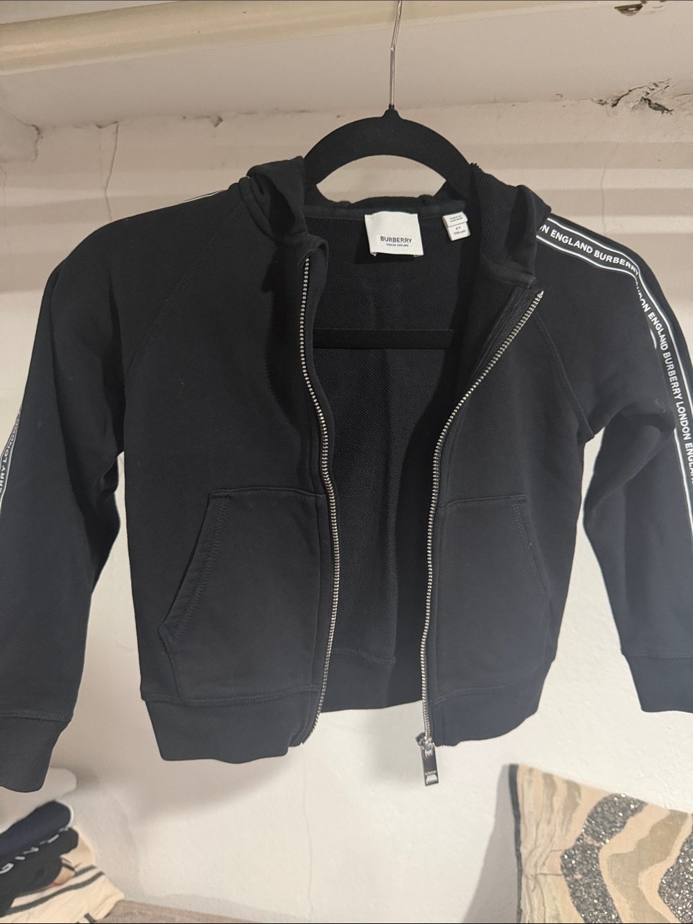 Burberry Kids Black Zip Hoodie with Branded Sleeve Tape
